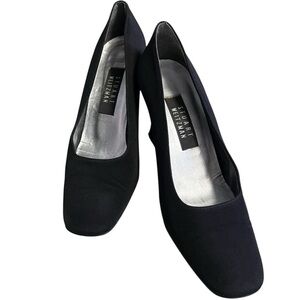 Vintage Stuart Weitzman Black Fabric Block Heel Pumps 80s–90s Square Toe Sz 8